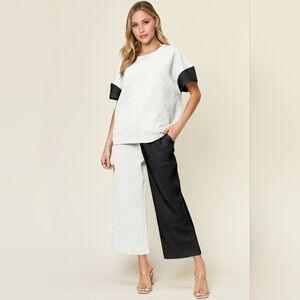 Double Take Full Size Texture Contrast T-Shirt and Wide Leg Pants Set